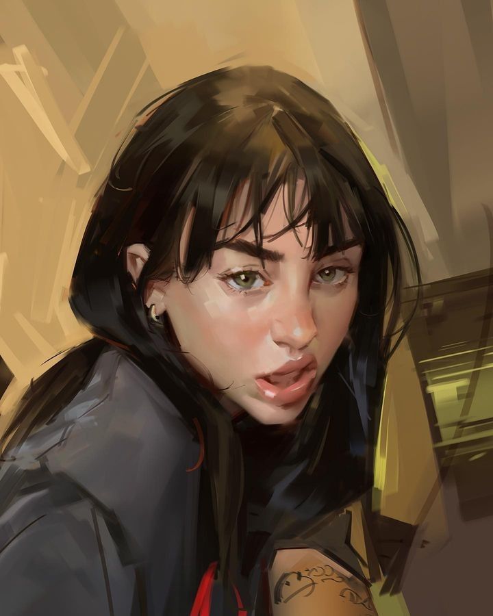 Digital painting of a woman with dark hair and expressive eyes, set against an abstract background.