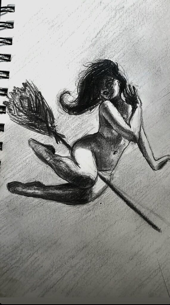 Charcoal sketch of a witch flying on a broomstick, illustrating dynamic movement and shadow on textured paper.