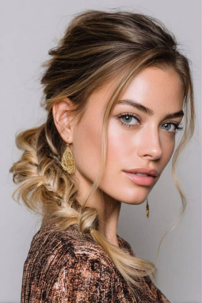 716c980abc446714e493bddf1d9a19d2 Elegant woman with braided hairstyle wearing gold earrings, showcasing natural beauty and fashion style. | Sky Rye Design Elegant woman with braided hairstyle wearing gold earrings, showcasing natural beauty and fashion style.