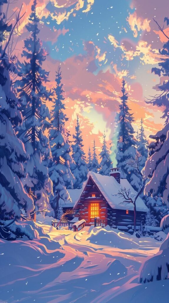 Cozy cabin amidst snow-covered trees with warm glowing windows under a colorful sky at sunset, creating a serene winter landscape.