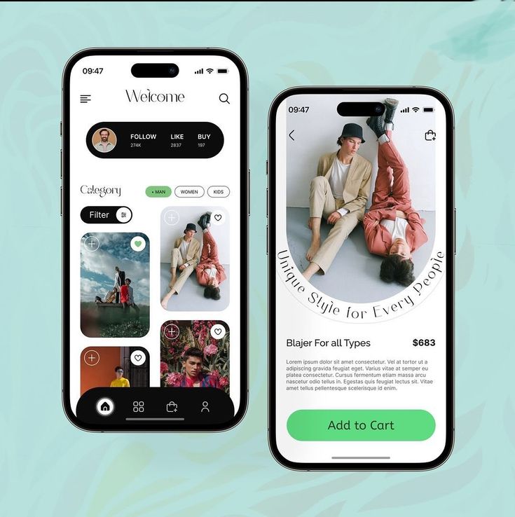 Fashion shopping app interface showcasing diverse outfits with a focus on unique styles. Includes options to follow, like, and buy.