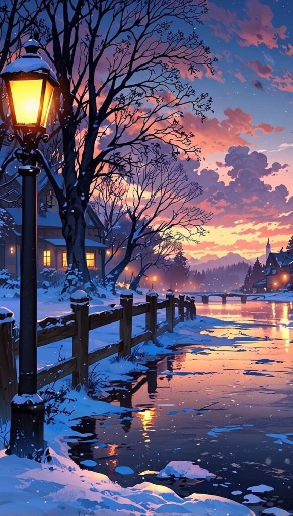 Cozy winter evening by a snowy riverside, with glowing street lamps and colorful twilight sky reflecting on the icy water.