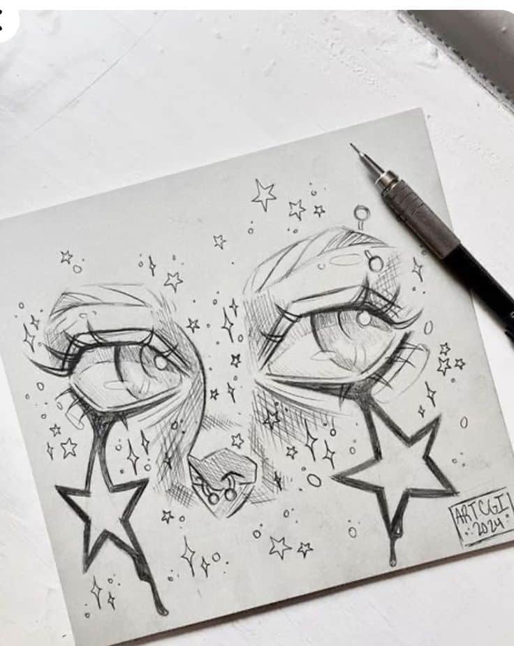Surreal pencil sketch of eyes with stars and cosmic elements, showcasing imaginative art and creativity on a white paper.