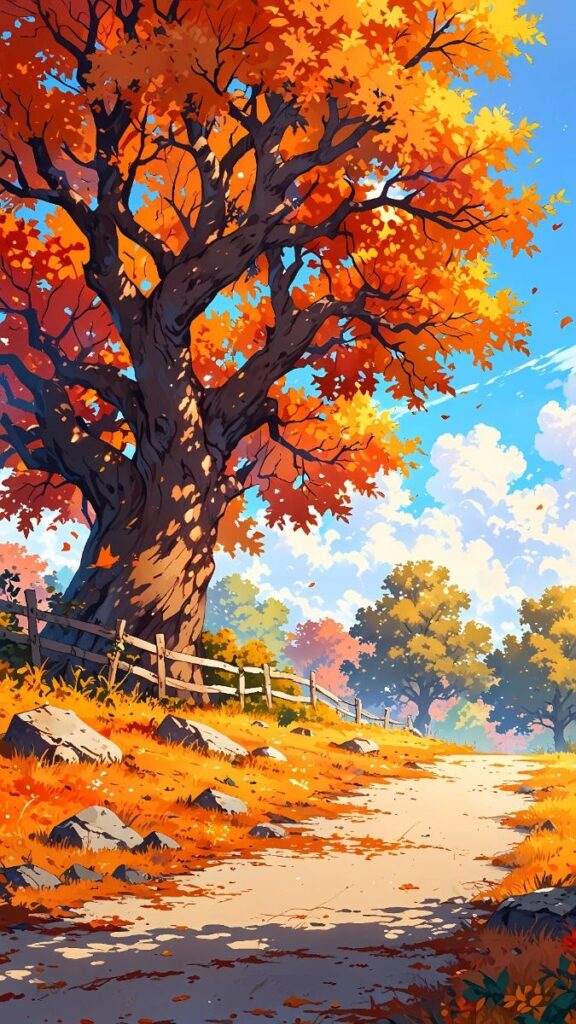 Vibrant autumn scene with a large tree and vivid orange leaves, casting shadows on the ground, under a bright blue sky.