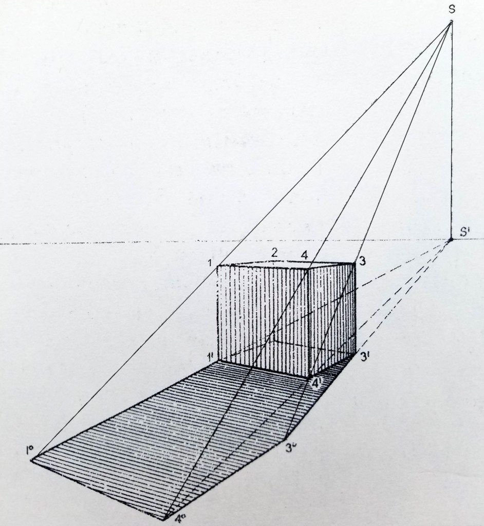 Vintage illustration of a cube in perspective with light rays casting a shadow, showcasing geometric drawing techniques and spatial relationships.