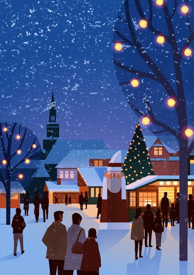 Illustrated festive winter market scene with people walking, snow falling, lights on trees, and a large Christmas tree in the background.