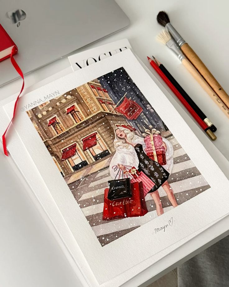 75572949-af34-4cf3-b978-7a96746f57ae Illustration of a stylish woman with shopping bags and gifts crossing a snowy city street at night, with art supplies nearby. | Sky Rye Design Illustration of a stylish woman with shopping bags and gifts crossing a snowy city street at night, with art supplies nearby.