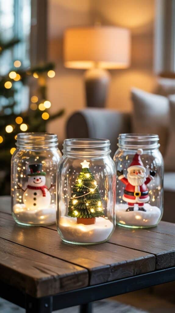 758986cb8f6beeb0b3eb7c7baa5c528d Festive Christmas jars with a snowman, Christmas tree, and Santa Claus glowing with lights on a wooden table. Cozy holiday decor. | Sky Rye Design Festive Christmas jars with a snowman, Christmas tree, and Santa Claus glowing with lights on a wooden table. Cozy holiday decor.