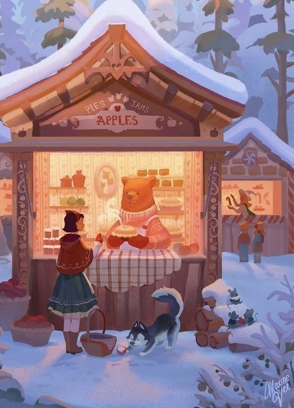 Bear vendor at cozy winter market stall sells pies and jams to a woman, with snow-covered trees in the background.