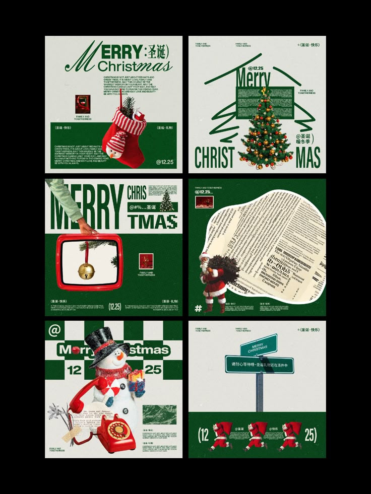 Festive Christmas collage with trees, stockings, snowman, signs, and Santa, highlighting holiday themes and decorations in green and red.