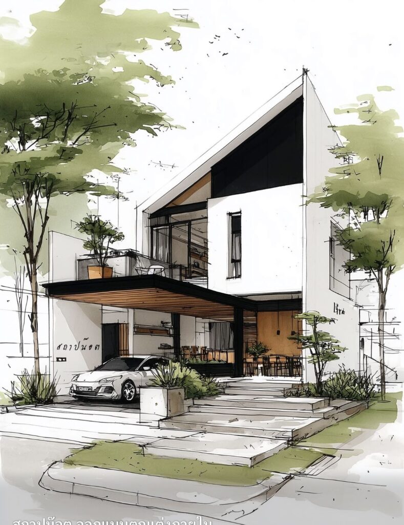 Modern minimalist house design with angular roof and carport, surrounded by greenery.