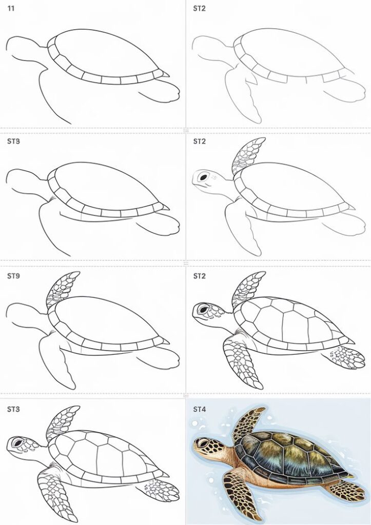 77b1b3a8692a193074642d371a9db2ac Step-by-step guide to draw a realistic turtle, showcasing progression from basic outline to detailed, colored illustration. | Sky Rye Design Step-by-step guide to draw a realistic turtle, showcasing progression from basic outline to detailed, colored illustration.