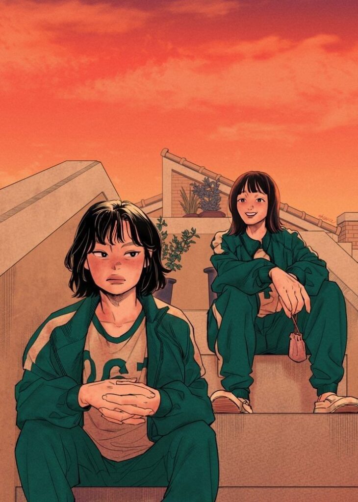 Illustrated scene of two women in green tracksuits sitting on outdoor steps, under a vibrant sunset sky.