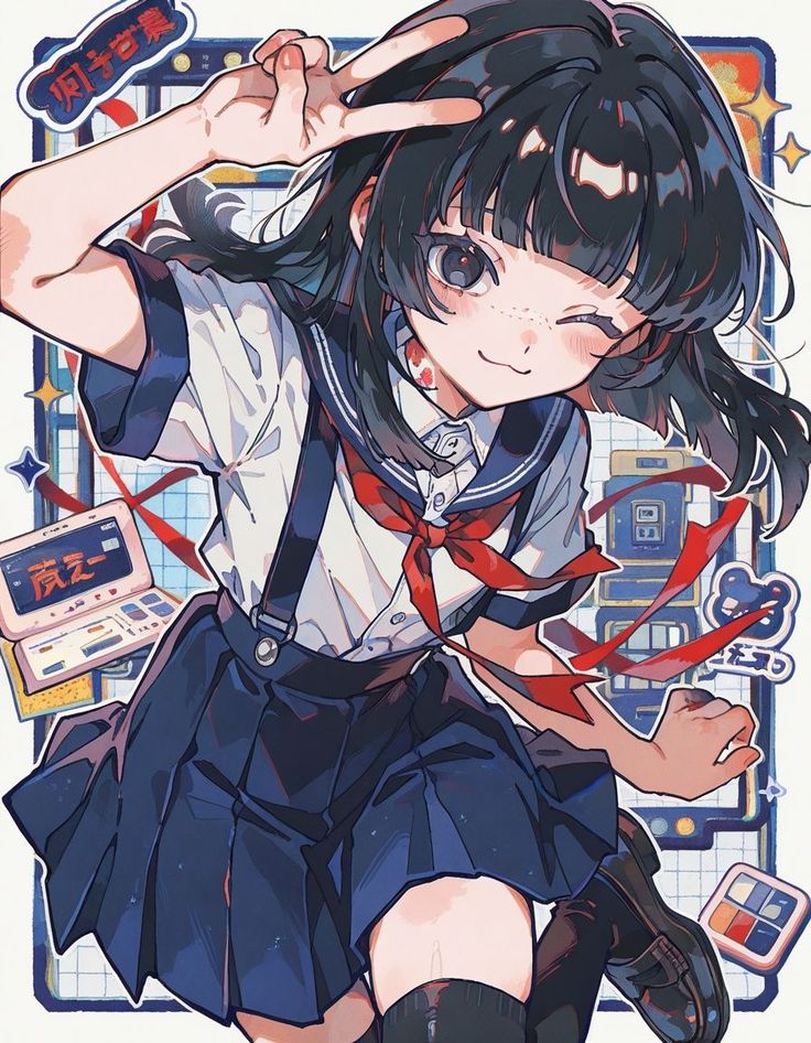 Cheerful anime girl in a blue and white school uniform making a peace sign, winking with a playful expression. Ideal for manga lovers.