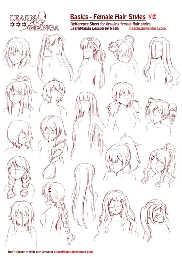 Manga female hairstyles reference sheet featuring various styles like ponytails, braids, and buns. Perfect for drawing inspiration.