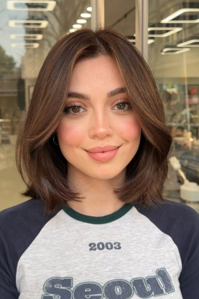 Young woman with shoulder-length brown hair and natural makeup, smiling indoors.