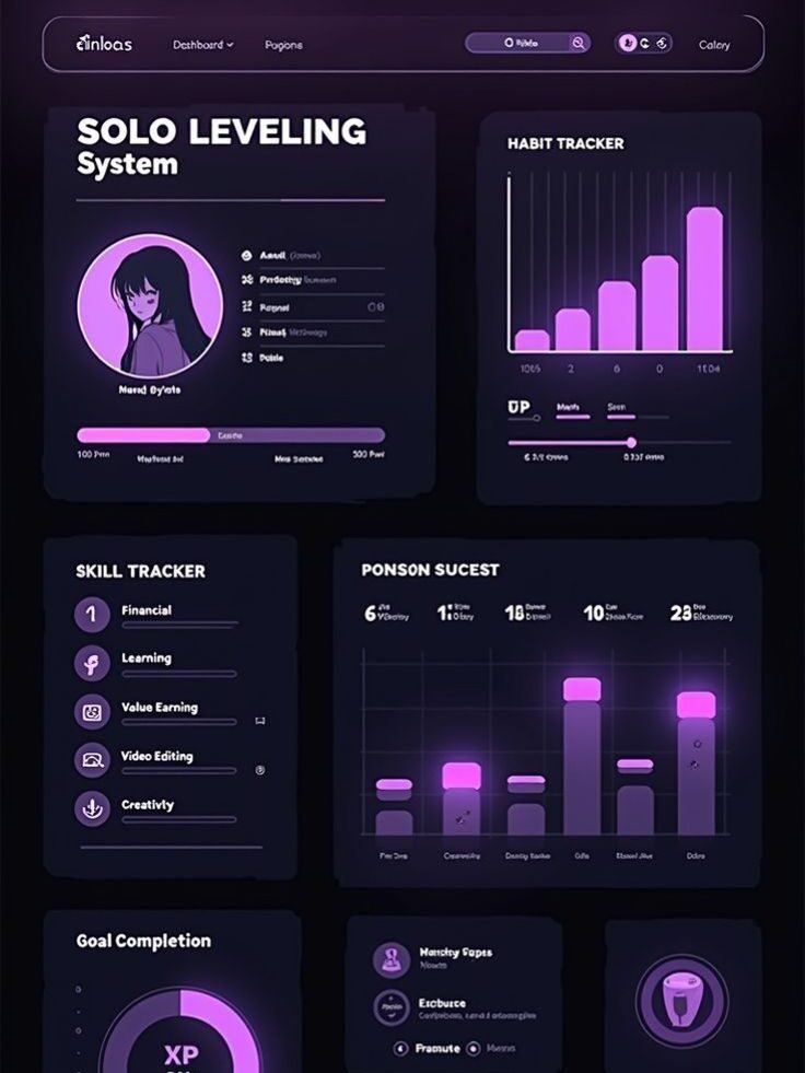792a029c88125c99483e4be3d81bd2a1 Dark-themed dashboard showcasing solo leveling system with skill and habit tracker graphs, goal completion, and marketplace details. | Sky Rye Design Dark-themed dashboard showcasing solo leveling system with skill and habit tracker graphs, goal completion, and marketplace details.