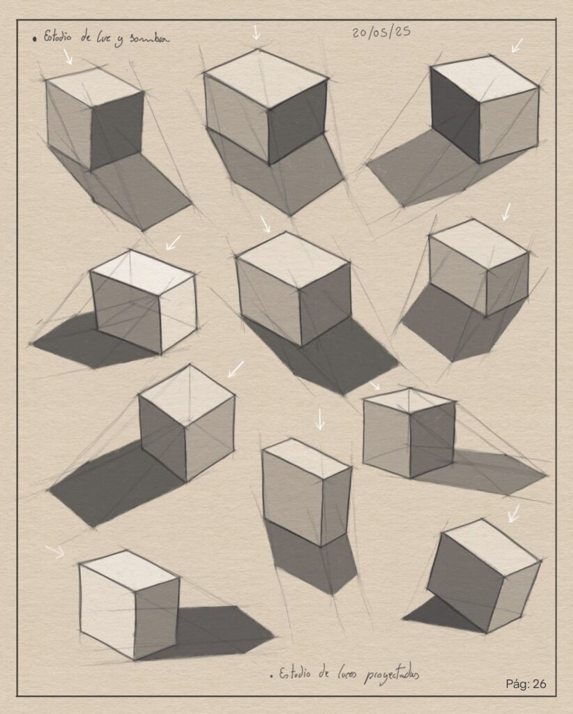 Sketch of cubes demonstrating light and shadow studies with different angles and projected shadows on a beige background.