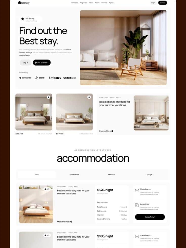 Modern website showcasing luxurious accommodations with ratings, prices, and booking options for villas and apartments. Optimal holiday stays.