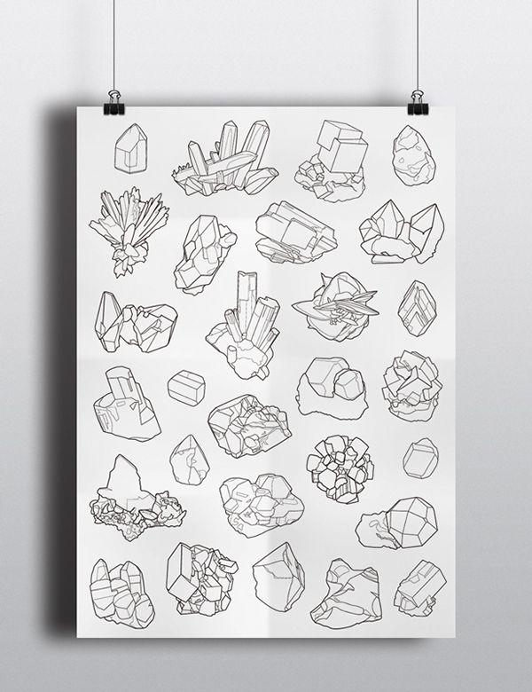 Poster featuring line art drawings of various geometric crystals, neatly arranged on a white background, hanging on a wall.