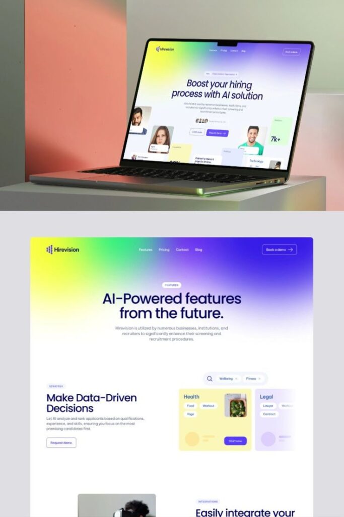 Laptop displaying Hirevision AI hiring solution website features, enhancing recruitment with AI-powered tools for data-driven decisions.