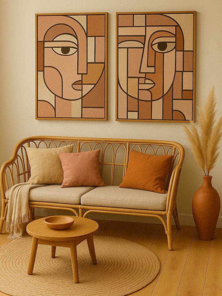 Cozy living room with abstract face paintings, wicker sofa, earthy pillows, round rug, and vase with pampas grass, creating a warm ambiance.