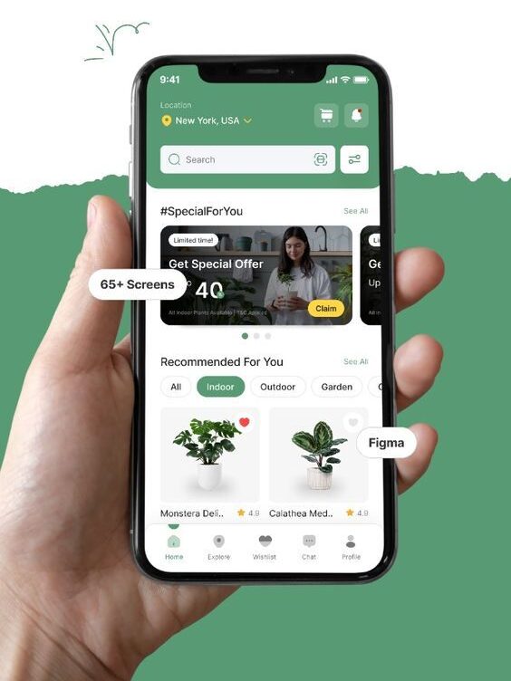 7d68802731d5f450d215e8d6ef5ab680 Hand holding smartphone displaying Plant Shop app UI/UX design featuring plant recommendations and special offers, New York location. | Sky Rye Design Hand holding smartphone displaying Plant Shop app UI/UX design featuring plant recommendations and special offers, New York location.