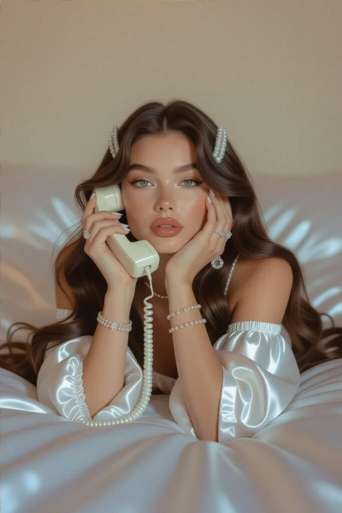 Woman in satin dress with pearl accessories holding a vintage phone, lying on plush bedding. Elegance and style in a serene setting.