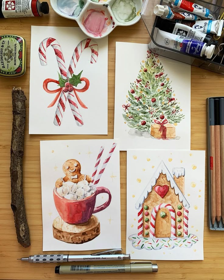 Festive Christmas watercolor illustrations with candy canes, gingerbread, and a tree, surrounded by art supplies. Perfect for holiday inspiration.