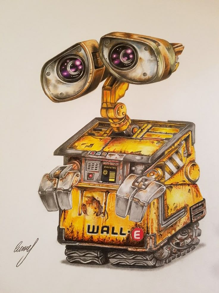 Illustration of a cute, weathered robot with large eyes and a yellow body, resembling a beloved animated character from a popular movie.