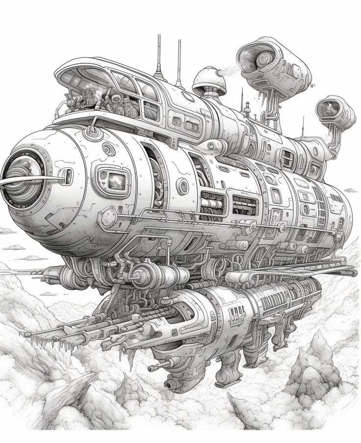_ 8 Futuristic airship illustration in detailed monochrome style, showcasing intricate mechanical design soaring above clouds. | Sky Rye Design Futuristic airship illustration in detailed monochrome style, showcasing intricate mechanical design soaring above clouds.