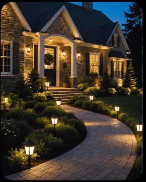 Screenshot Charming stone house at dusk with a warmly lit walkway, elegant landscaping, and glowing garden lights enhancing curb appeal. | Sky Rye Design Charming stone house at dusk with a warmly lit walkway, elegant landscaping, and glowing garden lights enhancing curb appeal.