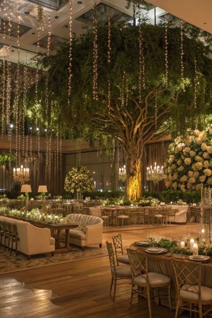_ 8 Elegant indoor event under a majestic tree with fairy lights, lush floral arrangements, cozy seating, and a warm, inviting ambiance. | Sky Rye Design Elegant indoor event under a majestic tree with fairy lights, lush floral arrangements, cozy seating, and a warm, inviting ambiance.