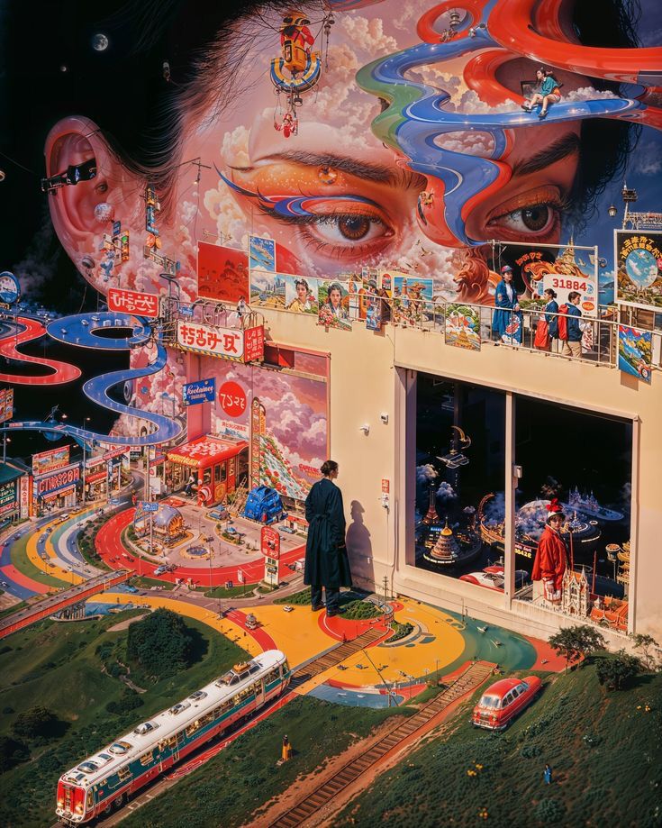 Surreal cityscape blending vibrant colors, dreamlike elements, media ads, and intricate train setup with artistic illusion of a giant face mural.