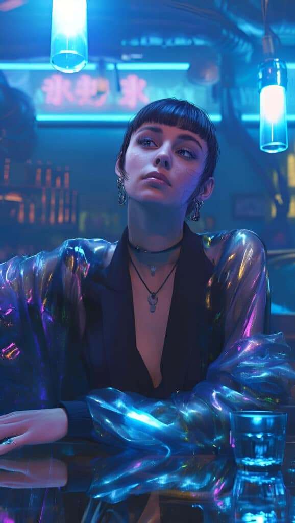 Stylish woman in futuristic setting, wearing a holographic jacket, neon lights and signs around her, conveying a cyberpunk vibe.