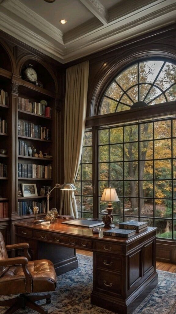 Luxurious home office with elegant wooden desk, leather chair, bookshelves, and large window with view of autumn trees. Cozy and sophisticated.
