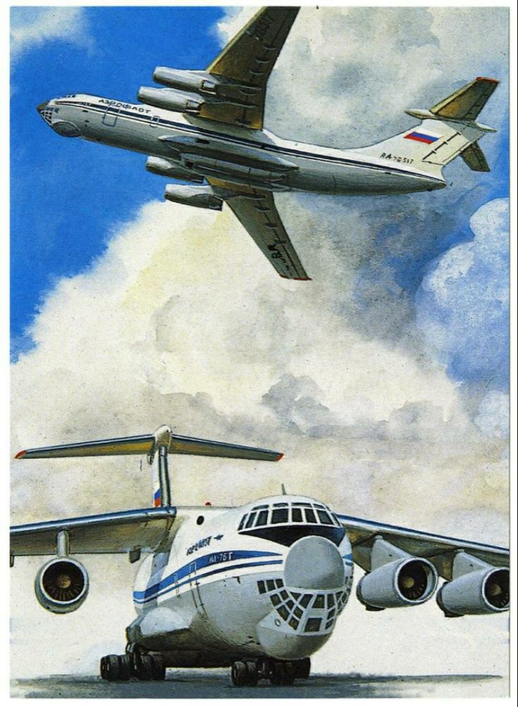 Two large airplanes with Russian markings, one in flight and one grounded, depicted against a backdrop of dramatic clouds and blue sky.