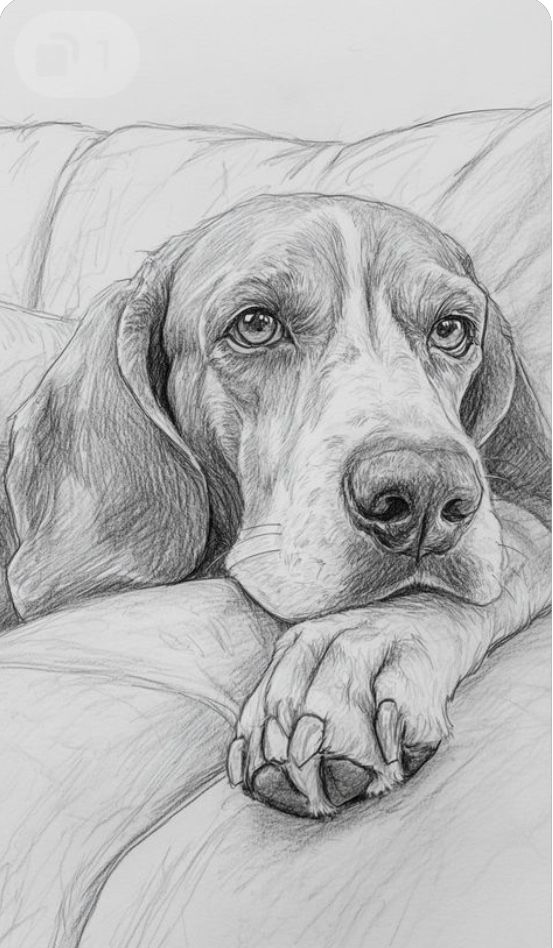 Pencil sketch of a relaxed dog lying on a couch, with soulful eyes and detailed fur, capturing calm and peaceful expression.