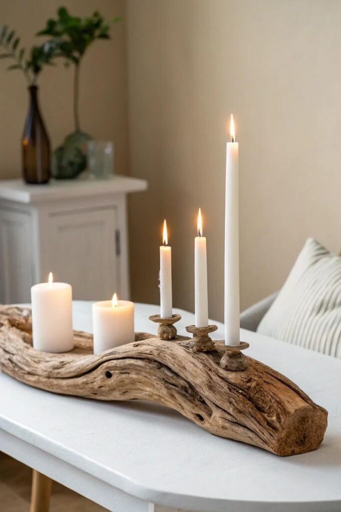 Rustic driftwood candle centerpiece with lit white candles on a table, creating a cozy and natural home decor ambiance.