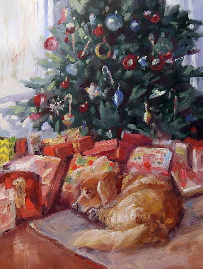Sleeping dog under a decorated Christmas tree with colorful wrapped gifts, creating a cozy holiday atmosphere.