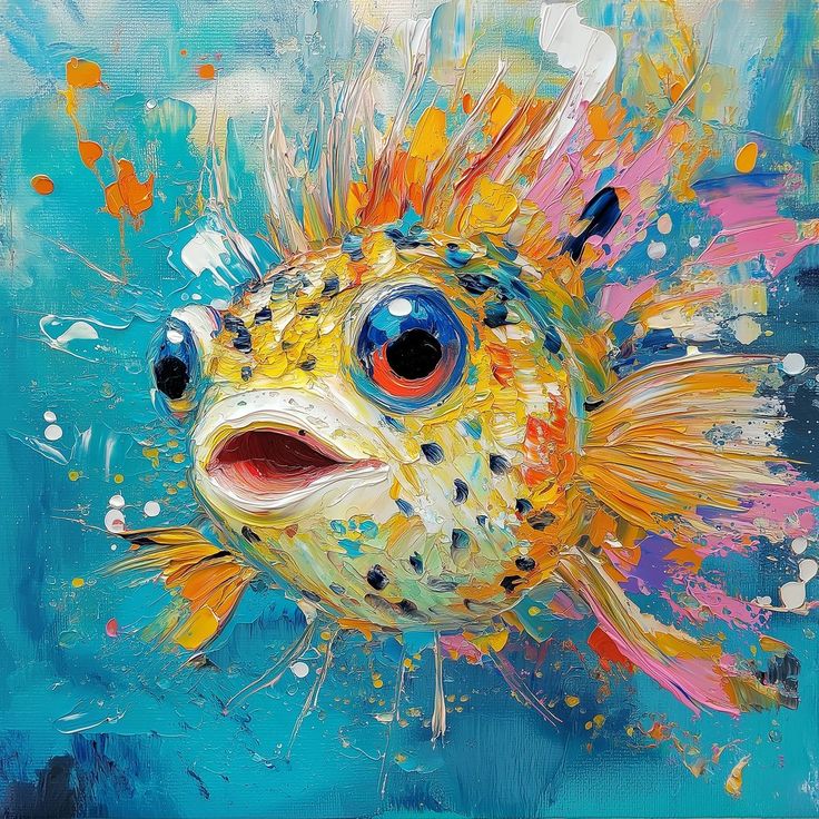 Colorful abstract painting of a vibrant fish with large eyes and spiky fins, set against a dynamic blue background.