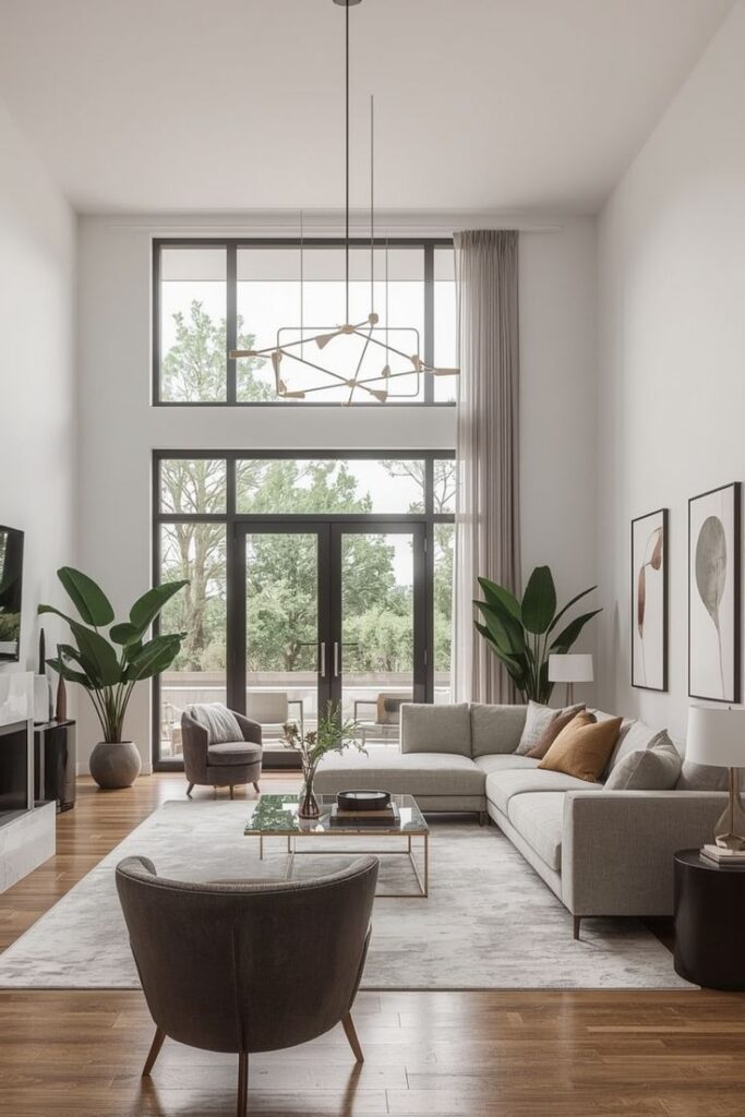 _ 8 Modern living room with large windows, sleek furniture, and stylish decor for a bright, minimalist aesthetic. | Sky Rye Design Modern living room with large windows, sleek furniture, and stylish decor for a bright, minimalist aesthetic.