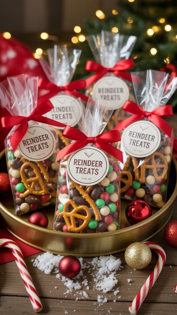 8 DIY Christmas Party Favor Ideas Festive reindeer treats with pretzels and candy in bags tied with red ribbons, set on a holiday-themed table. | Sky Rye Design Festive reindeer treats with pretzels and candy in bags tied with red ribbons, set on a holiday-themed table.