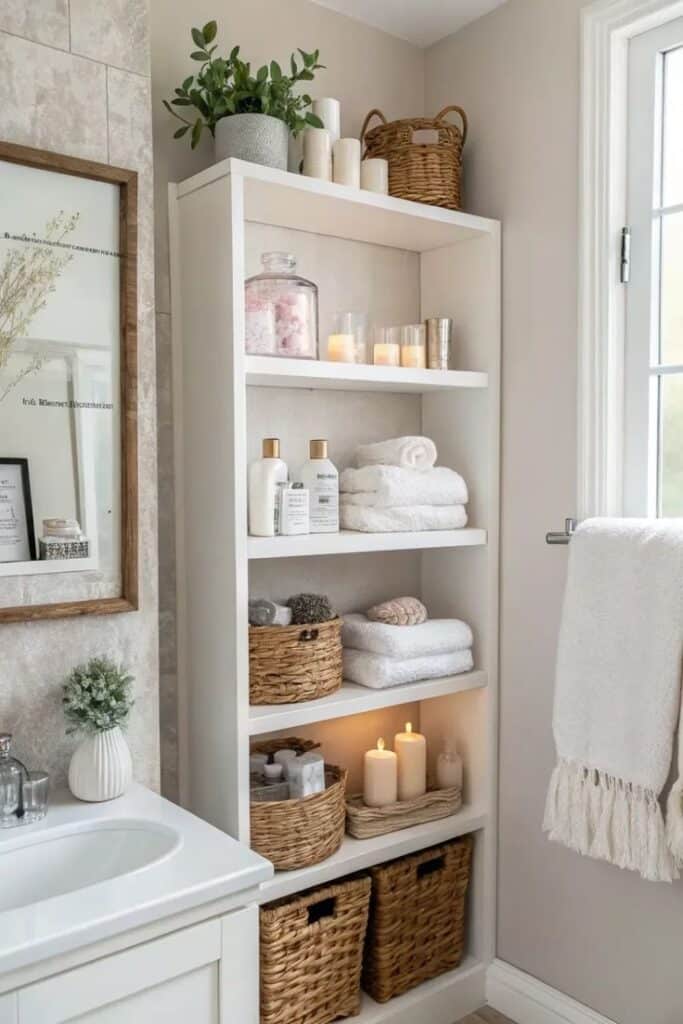 White bathroom shelf with towels, candles, and wicker baskets, next to a sink and mirror. Cozy decor.