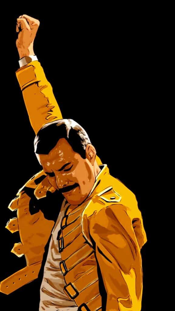 Illustration of a performer in a yellow military jacket, striking a dynamic pose with a raised fist and closed eyes against a black background.