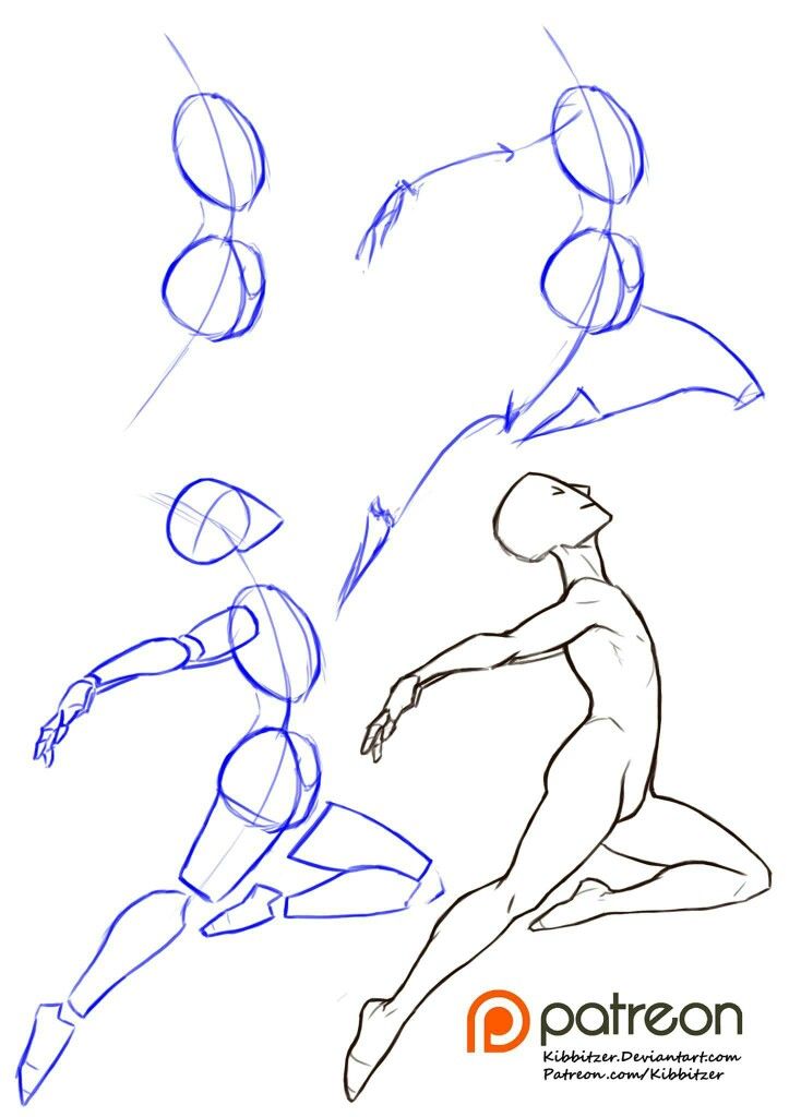 Dynamic figure sketch tutorial illustrating a human form in motion, showing step-by-step body construction.