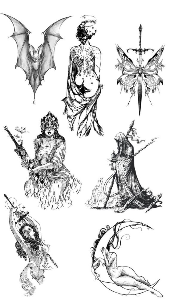 Ink tattoo designs: bat, woman with scars, butterfly with sword, queen with weapon, hooded figure, warrior dance, woman on crescent moon.