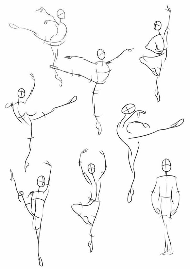 Sketch of various ballet poses, showing dancers in dynamic movements. Perfect for understanding ballet form and technique.