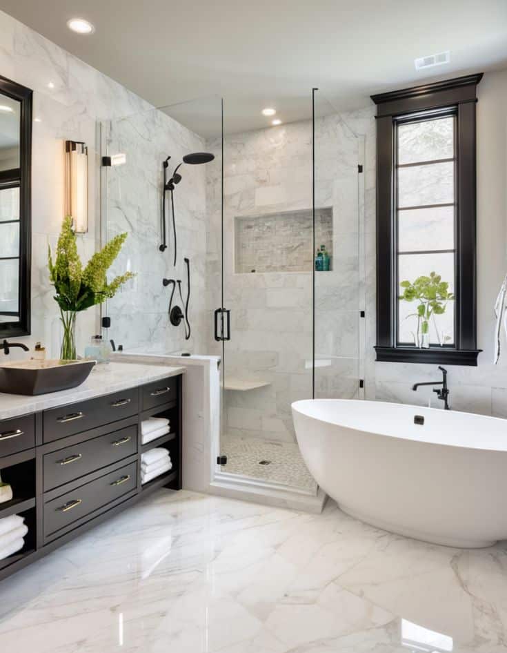 8338f46d-51db-4041-8a92-59e22a892bec Luxury bathroom with marble tiles, freestanding bathtub, glass shower, dark wood vanity, and large windows for natural light. | Sky Rye Design Luxury bathroom with marble tiles, freestanding bathtub, glass shower, dark wood vanity, and large windows for natural light.