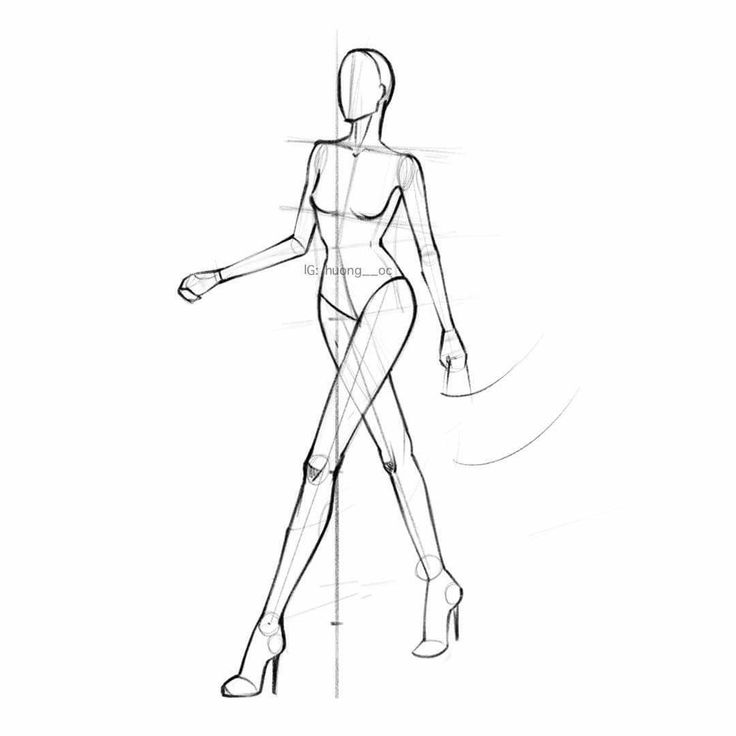 Sketch of a fashion model in high heels walking on a runway, highlighting body proportions with basic outlines in a dynamic pose.